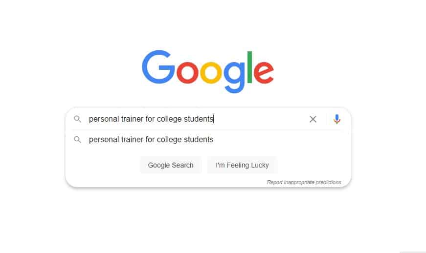 Google search - personal trainer for college students