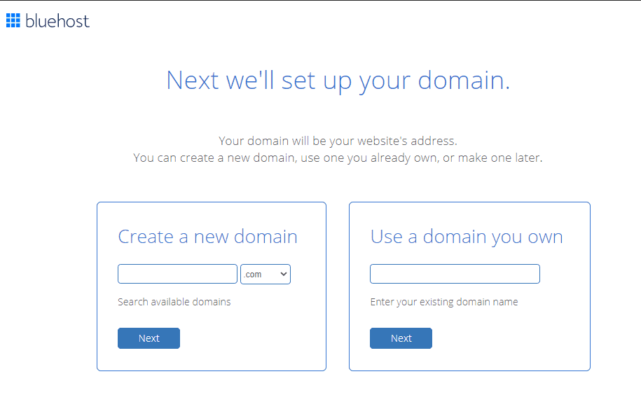 Bluehost setting up domain page