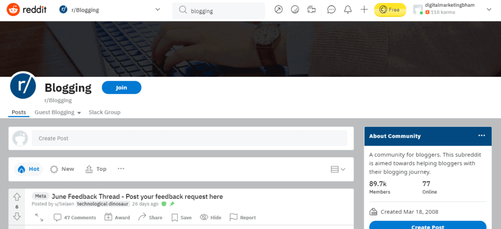 Reddit blogging subreddit