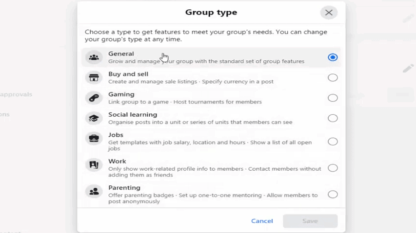 facebook group type