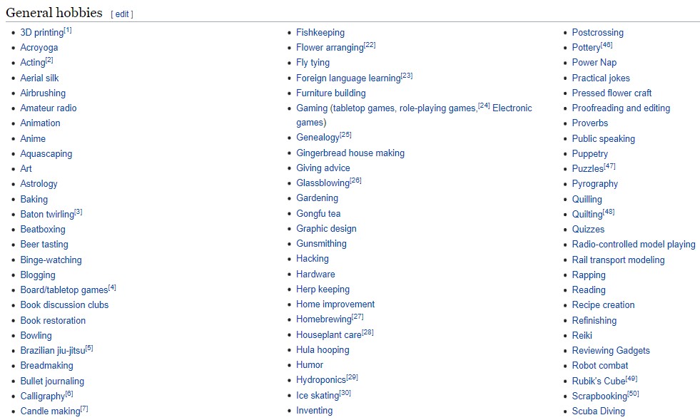 Wikipedia hobbies page