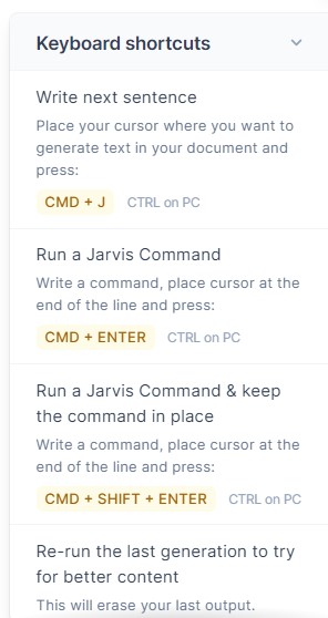 jarvis keyboard shortcuts