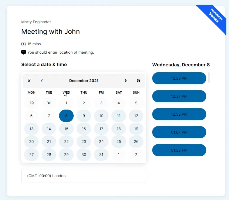 vonza scheduling calendar