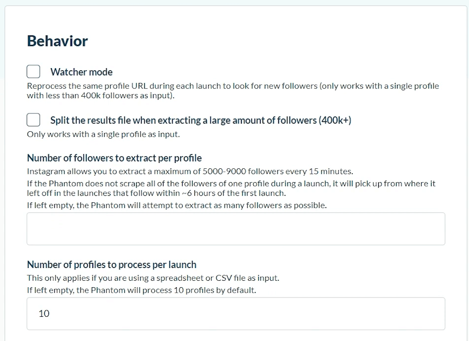 phantombuster instagram behaviour settings