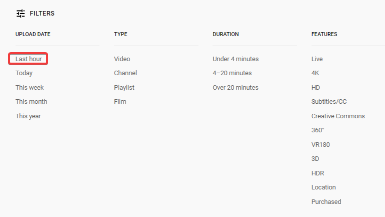 youtube filters last hour