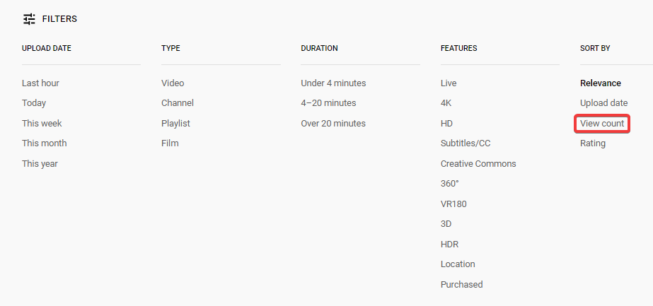 youtube filters - view count