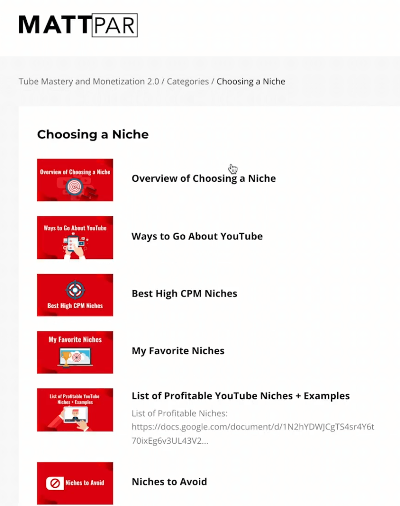 matt parr youtube course - choosing a niche