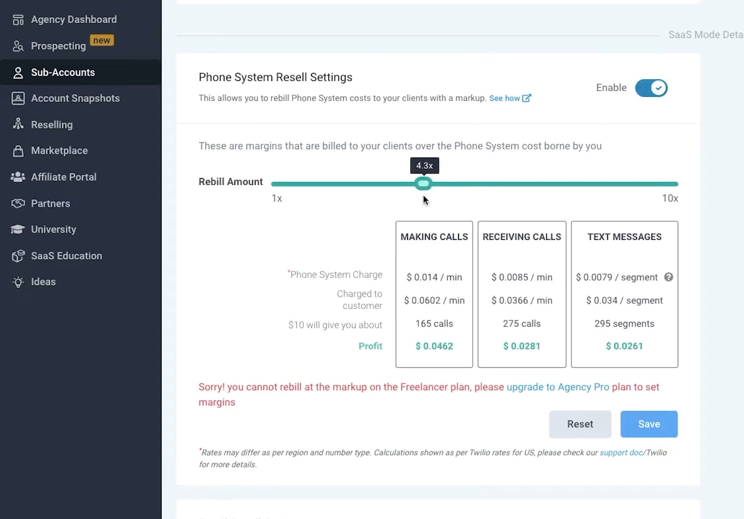 GiHighLevel pricing saas mode settings