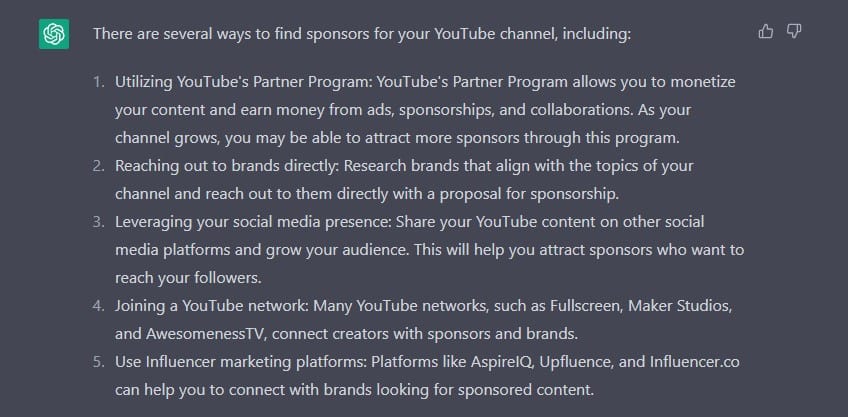 ChatGPT finding YouTube sponsors