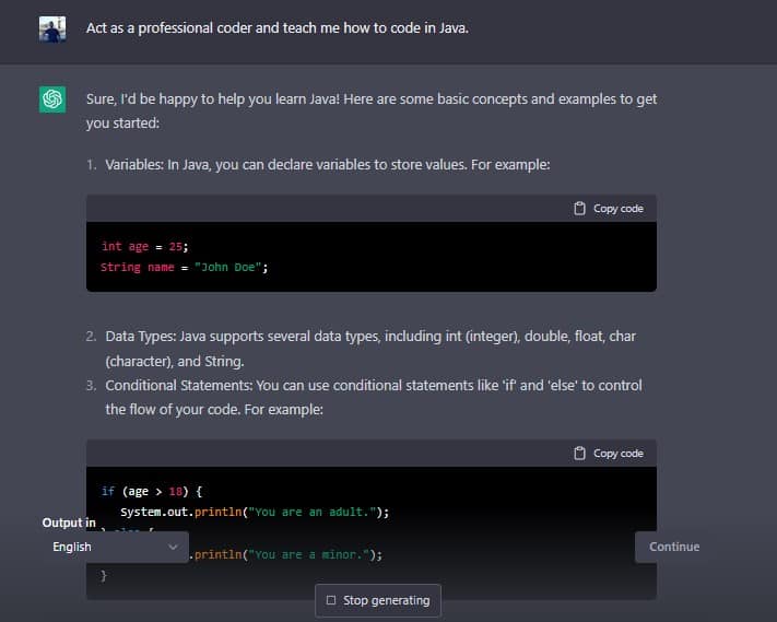 ChatGPT Java coding