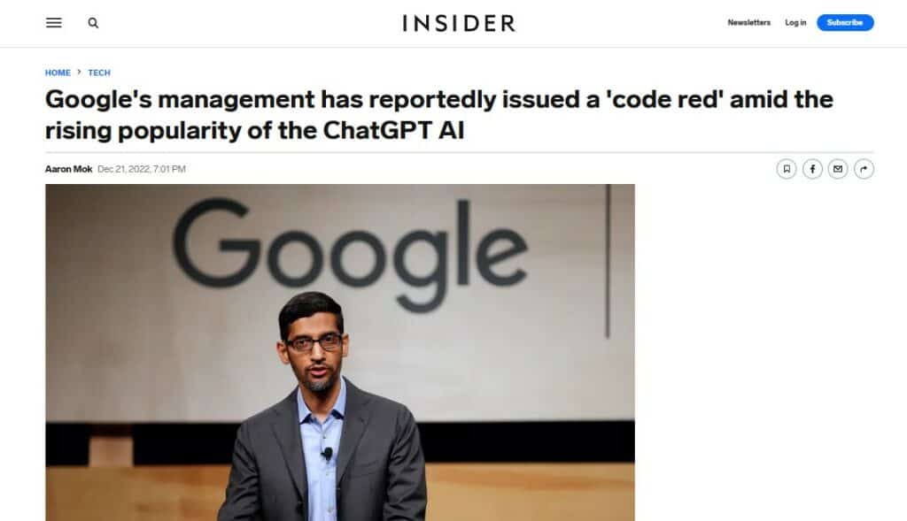 Google has issued a “code red” for the threat that chat GPT poses to the company