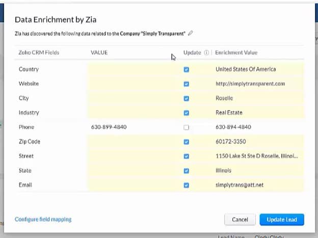 zoho zia data enrichment