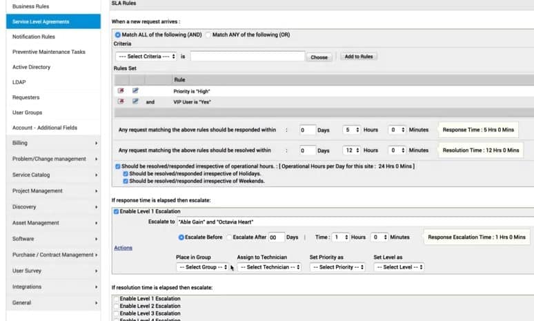 ServiceDesk IT help desk SLA rules