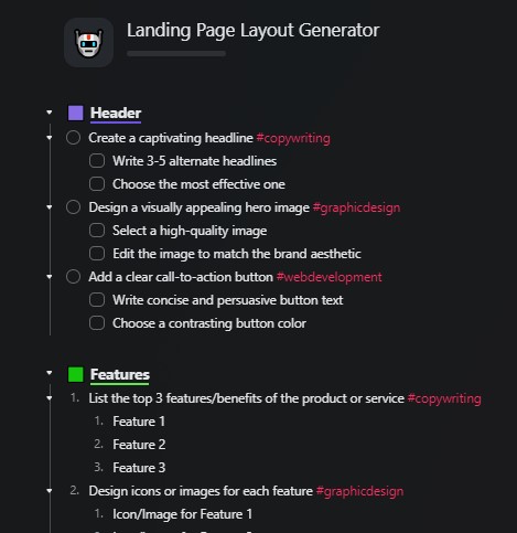 taskade AI landing page layout generator